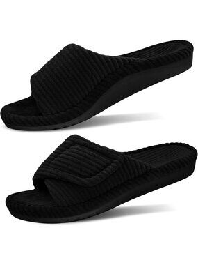 Women's Black Orthopedic Arch Support Slippers Fuzzy Memory Foam Open Toe Slide